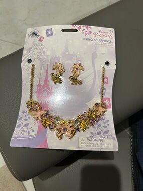NWT Disney Princess Rapunzel Gold and Pink Floral Necklace & Earring Set